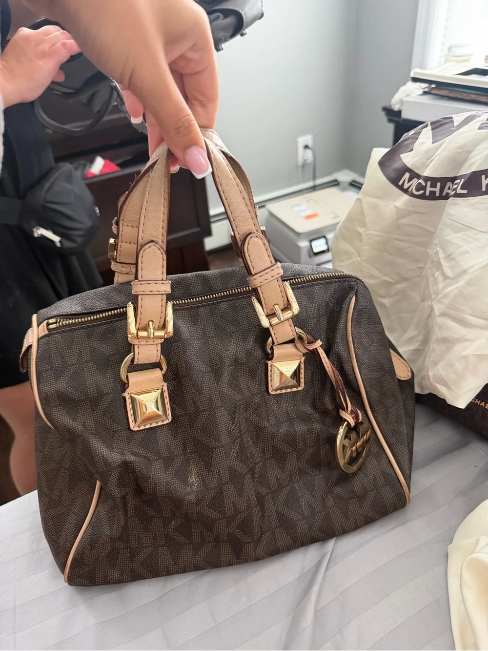 Michael Kors Dark Brown MK Logo Satchel with Tan Trim